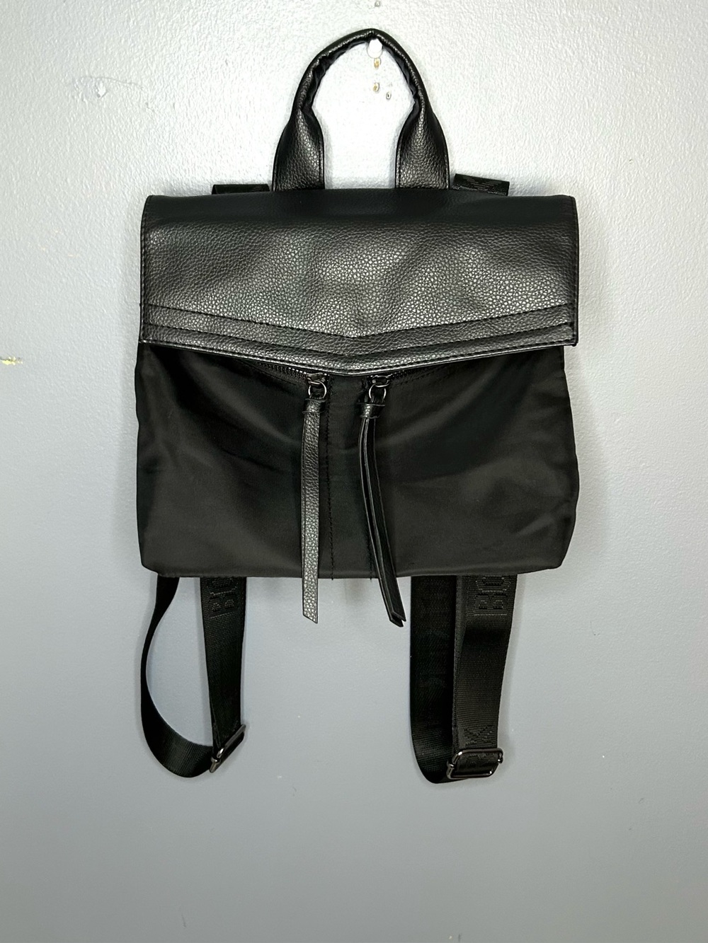 Botkier Backpack Bag Small Medium Black Nylon Faux Leather Logo Straps‎ Cute Y2K
